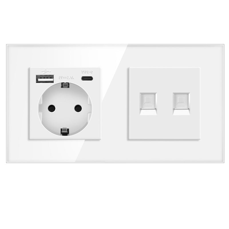 AnjieloSmart European standard 86mm German-style socket + CAT3 TV RJ45 tempered glass wall connector + computer internet