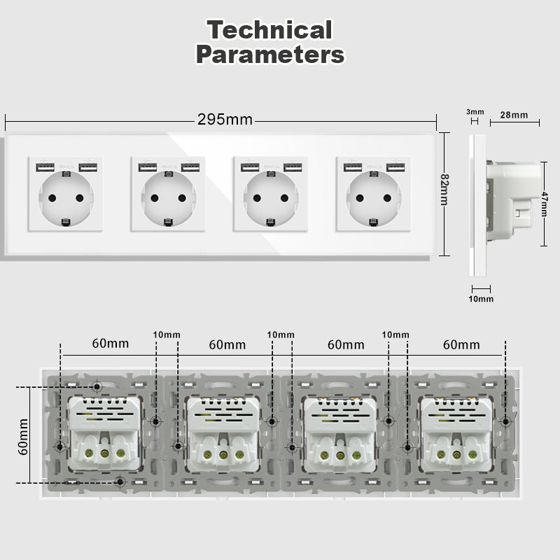 AnjieloSmart European standard German-style USB Type-C wall power socket, 86mm type, 16A, concealed installation, 20W, European standard, glass panel