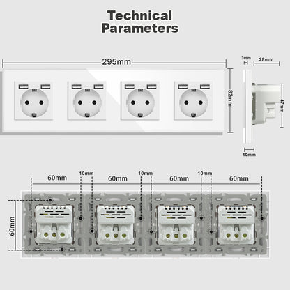 AnjieloSmart European standard German-style USB Type-C wall power socket, 86mm type, 16A, concealed installation, 20W, European standard, glass panel