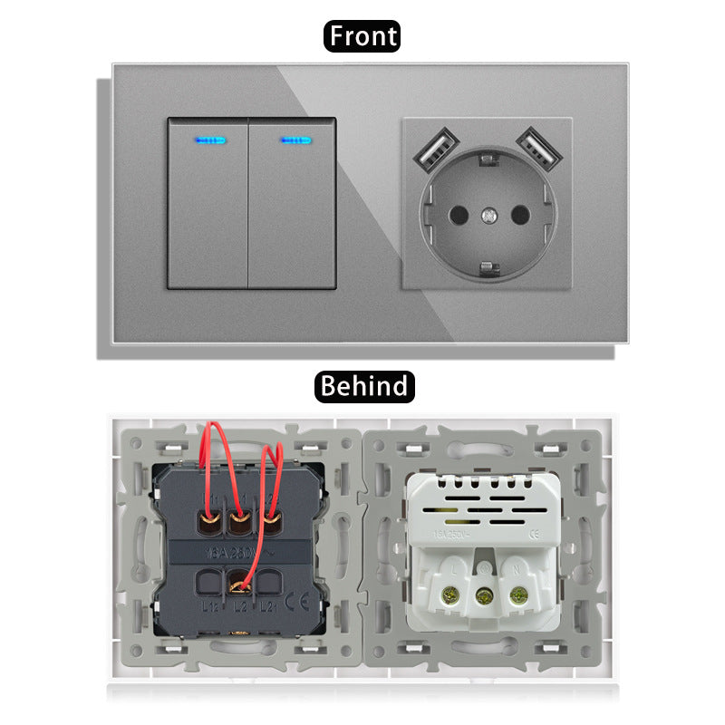 AnjieloSmart 220V 16A wall socket with toggle switch and USB port, 153*86 glass panel with light switch