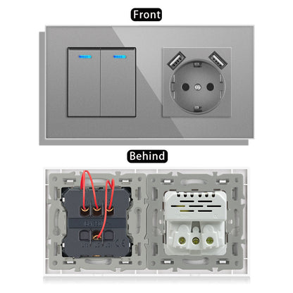AnjieloSmart 220V 16A wall socket with toggle switch and USB port, 153*86 glass panel with light switch