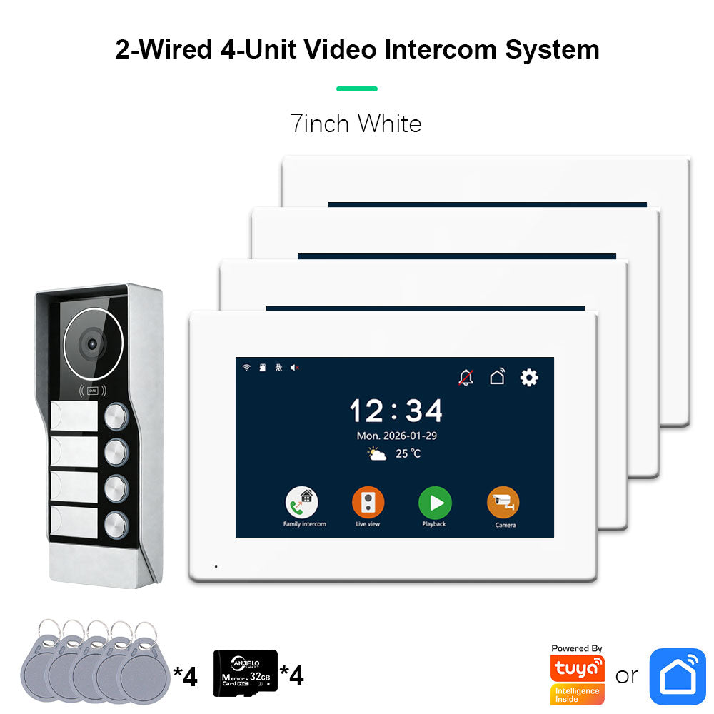 AnjieloSmart Tuya Smart 2-Wire Video Intercom System 7" 10" HD Touch Screen for 2-4 Families